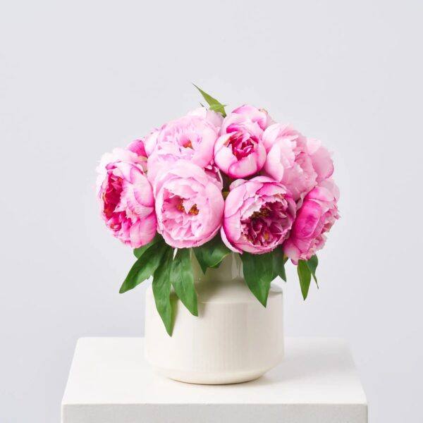 Pink Peony Bouquet in Glossy White Ceramic Modern Vase Spring Summer Centerpiece Arrangement