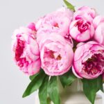 Close-up of vase silhouette detail on this Pink Peony Bouquet in Glossy Summer Centerpiece Arrangement