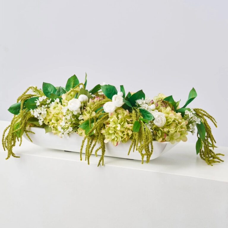 Close-up of bloom cluster detail on this Green Gardens - Artichoke, Hydrangea, Everyday Centerpiece Arrangement
