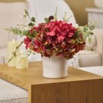 Alternate angle of the Mixed Mauve, Rosey Red Hydrangea Spring Fall Arrangement showing bloom arrangement