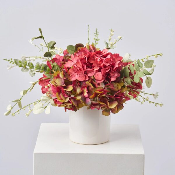 Mixed Mauve, Rosey Red Hydrangea Blooms and Ruscus in White Ceramic Vase Spring Fall Arrangement