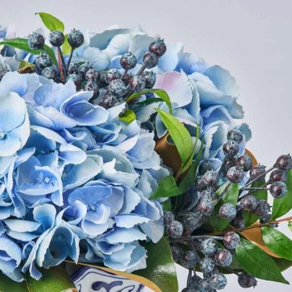 Close-up of bloom cluster detail on this Real Touch Magnolia Leaf, Light Faux Floral Arrangement