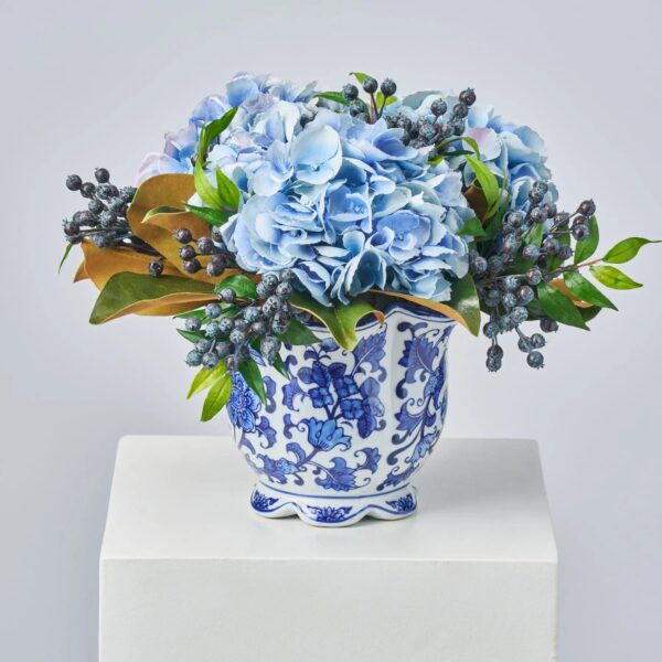 Real Touch Magnolia Leaf, Light Blue Hydrangea and Lifelike Faux Floral Arrangement