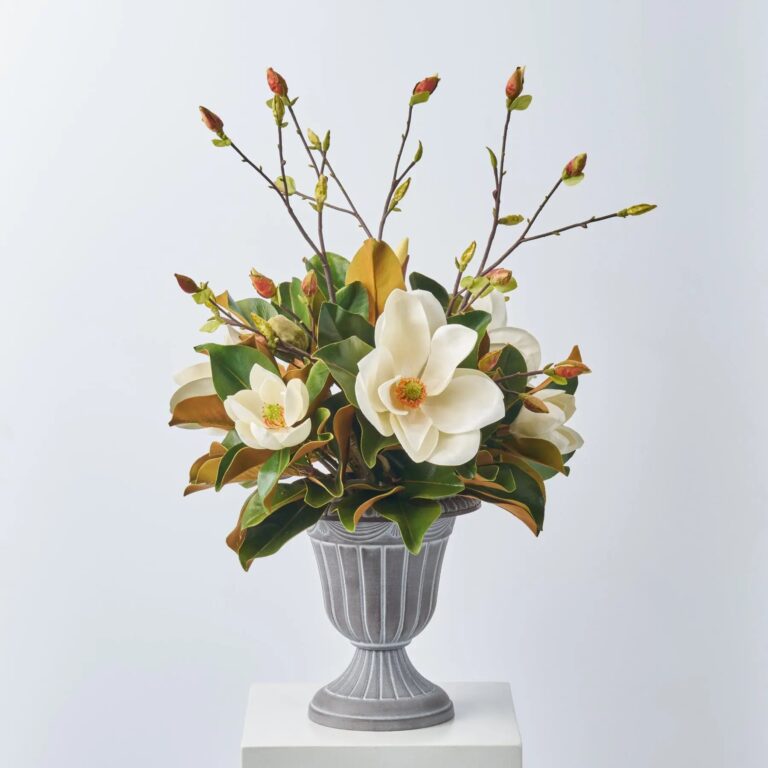 Real Touch Magnolia Blooms, Buds and Leaf Branches Everyday Potted Arrangement