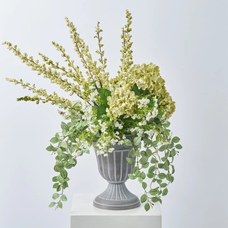 Morning Mist - Green Hydrangea, Spring Berry, White Pansy Urn Faux Arrangement
