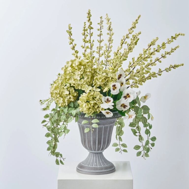 Close-up of bloom cluster detail on this Morning Mist - Green Hydrangea, Urn Faux Arrangement