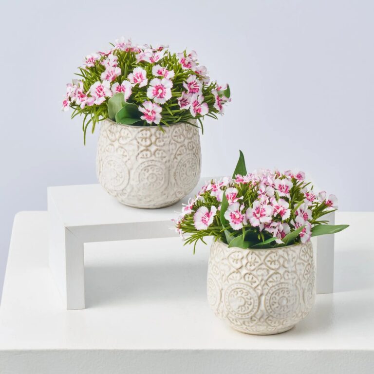 Mini Dianthus Blooms White Lavender Mix Small Faux Floral Arrangement Set of 2