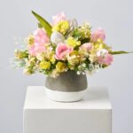 Spring is Here - Pink Tulip, Yellow Ranunculus, White Centerpiece Table Arrangement