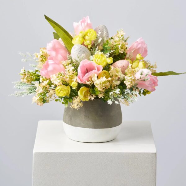 Spring is Here - Pink Tulip, Yellow Ranunculus, White Centerpiece Table Arrangement