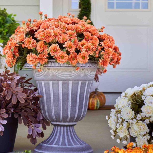 Close-up of bloom cluster detail on this Orange Faux Zinnia Mum Bush Fall Arrangement Urn
