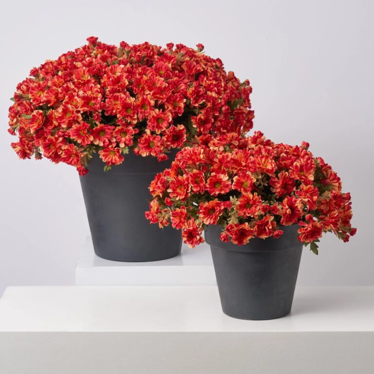 Red Faux Zinnia Mum Bush Outdoor Fall Arrangement Urn Filler - Available In 2 Sizes