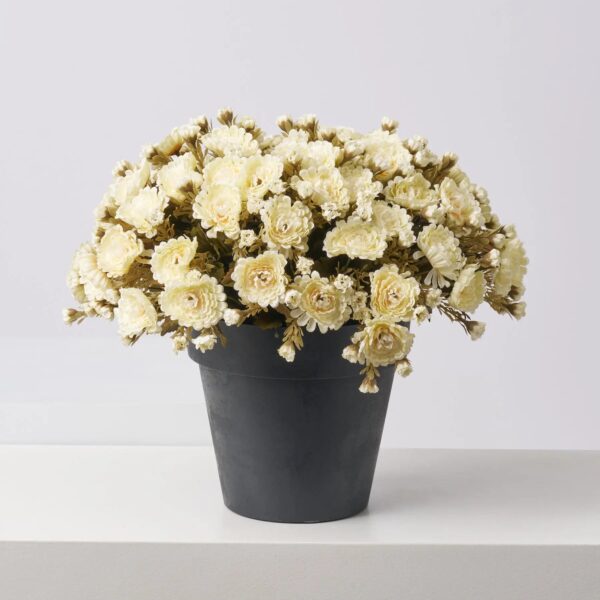 Close-up of bloom cluster detail on this Cream Faux Classic Mum Bush Fall Arrangement Urn