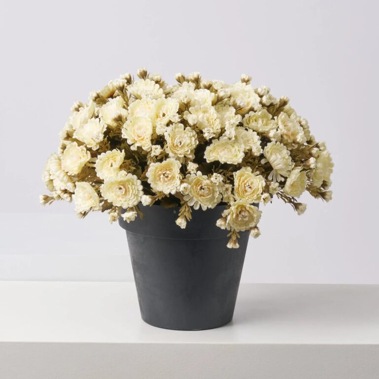 Close-up of bloom cluster detail on this Cream Faux Classic Mum Bush Fall Arrangement Urn