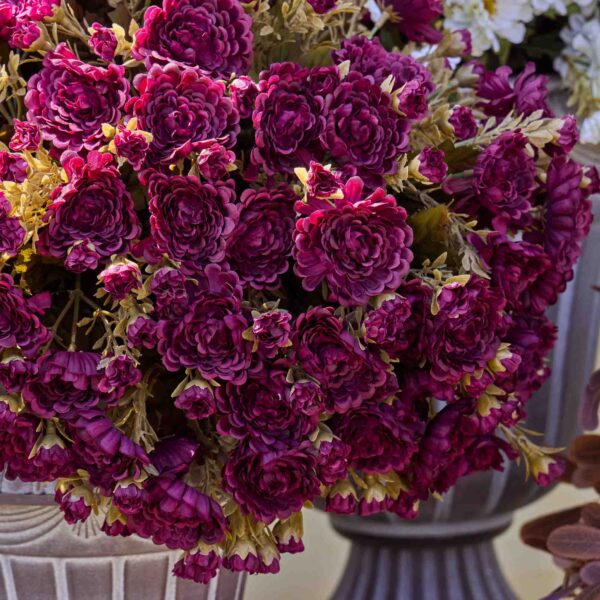 Close-up of bloom cluster detail on this Purple Faux Classic Mum Bush Fall Arrangement Urn