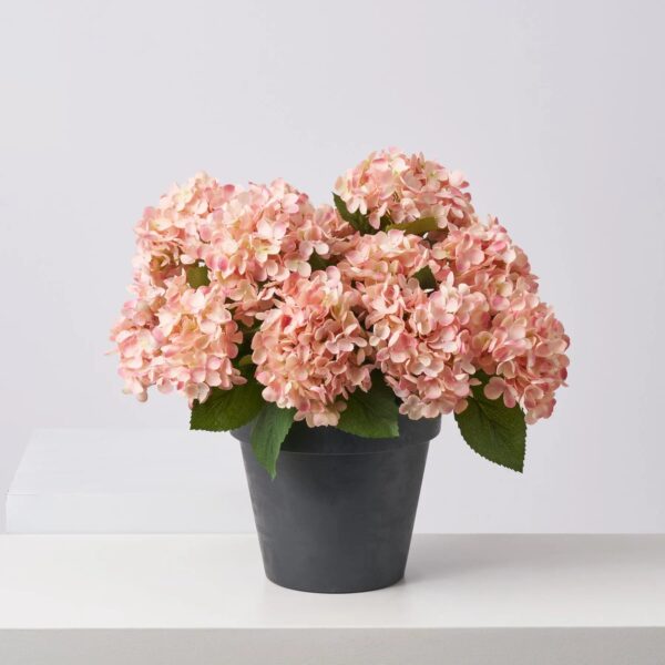 Close-up of bloom cluster detail on this Soft Pink Faux Hydrangea Bush Summer Arrangement Urn
