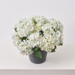 Alternate angle of the Soft Blue Faux Hydrangea Bush Summer Arrangement Urn showing full arrangement