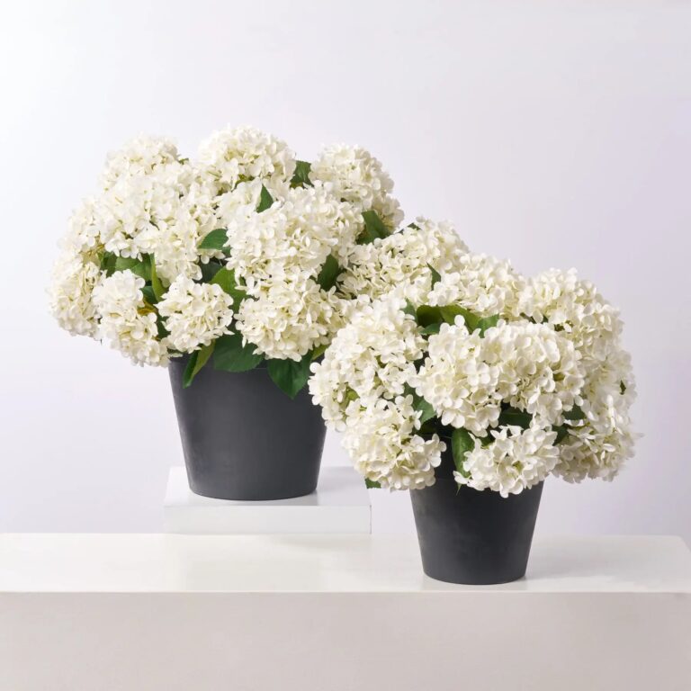 Close-up of bloom cluster detail on this White Faux Hydrangea Bush Outdoor Summer Arrangement Urn