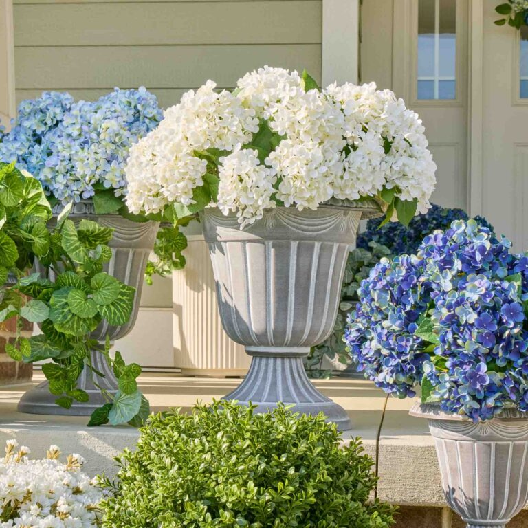 White Faux Hydrangea Bush Outdoor Spring Summer Arrangement Urn Filler - Available in 2 Sizes
