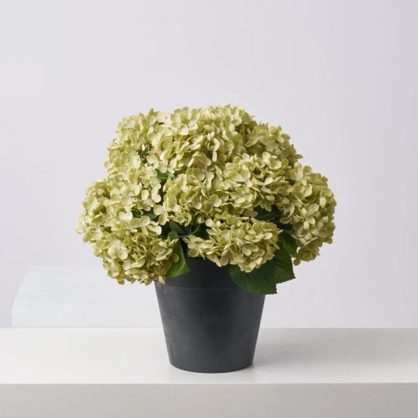 Close-up of bloom cluster detail on this Green Faux Hydrangea Bush Outdoor Summer Arrangement Urn