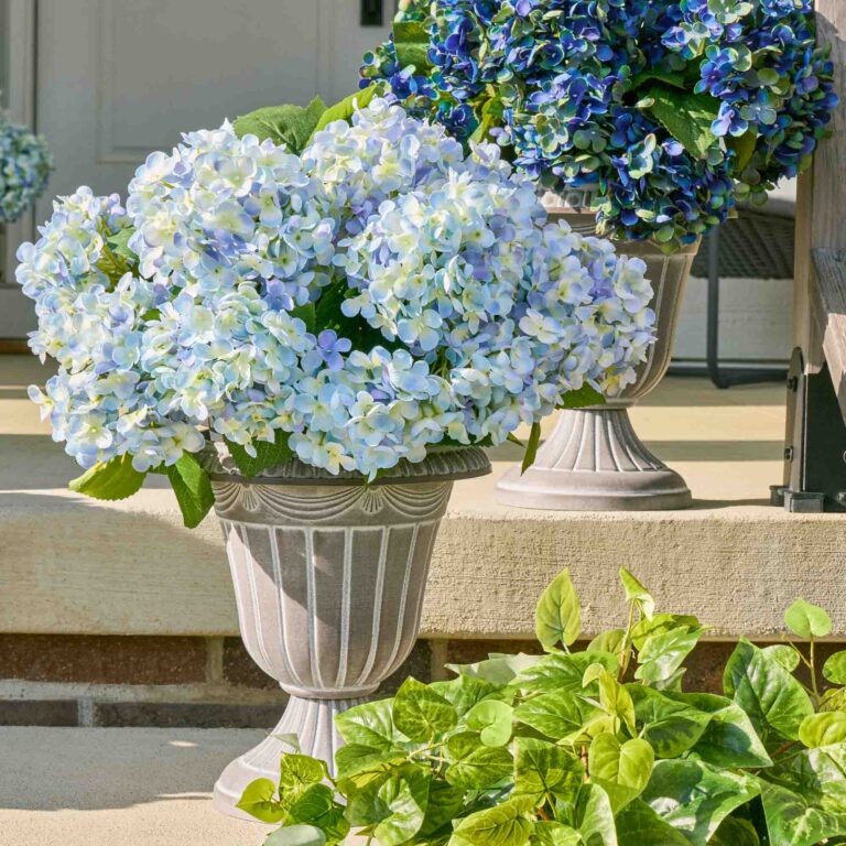 Blue Faux Hydrangea Bush Outdoor Spring Summer Arrangement Urn Filler - Available in 2 Sizes