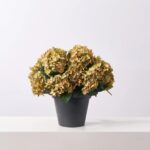 Close-up of bloom cluster detail on this Sage Green Faux Hydrangea Bush Fall Arrangement Urn