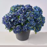 The Deep Blue Faux Hydrangea Bush Fall Arrangement Urn shown in full, highlighting bloom cluster