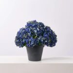 Detail view of stem and foliage layering from the Deep Blue Faux Hydrangea Bush Fall
