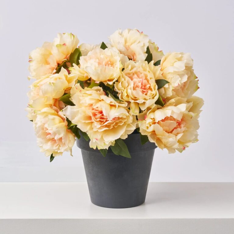 Close-up of bloom cluster detail on this Faux Peach Peony Bush Outdoor Spring Summer Arrangement