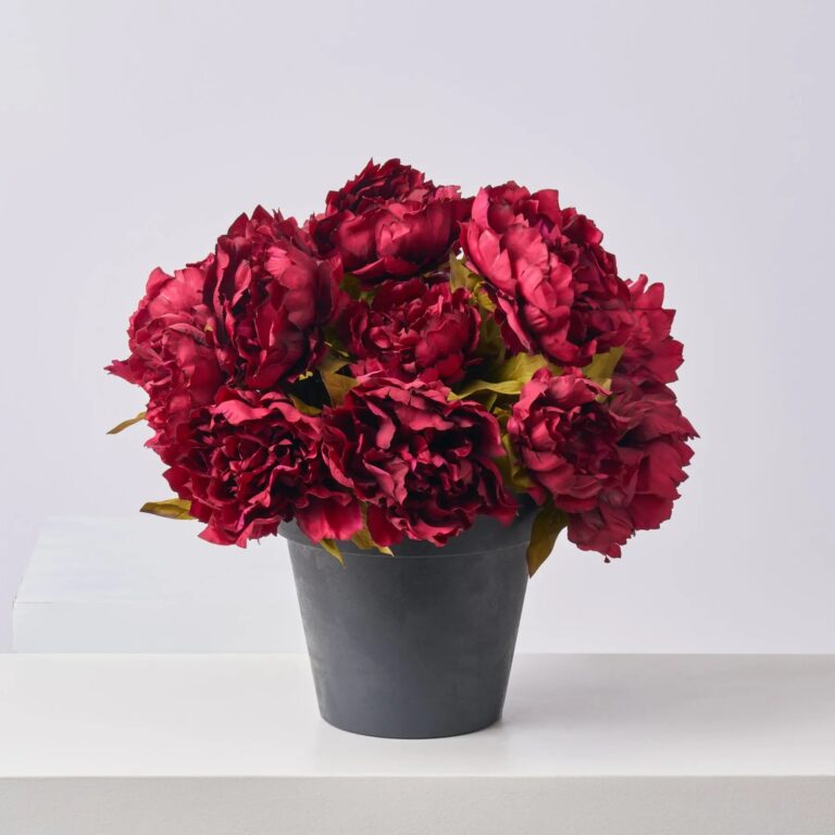 Close-up of bloom cluster detail on this Faux Burgundy Peony Bush Outdoor Spring Summer Arrangement