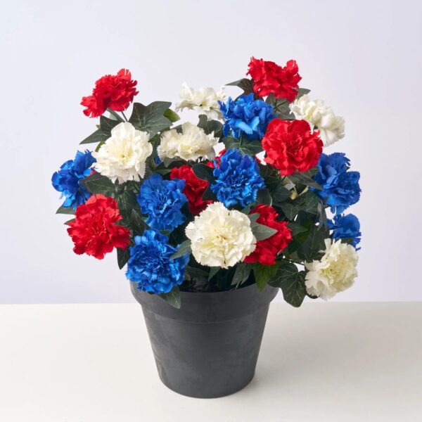 Close-up of bloom cluster detail on this Red, White and Blue Faux Urn Filler Arrangement