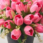 Close-up of bloom cluster detail on this Faux Pink Tulip Outdoor Urn Spring Summer Arrangement
