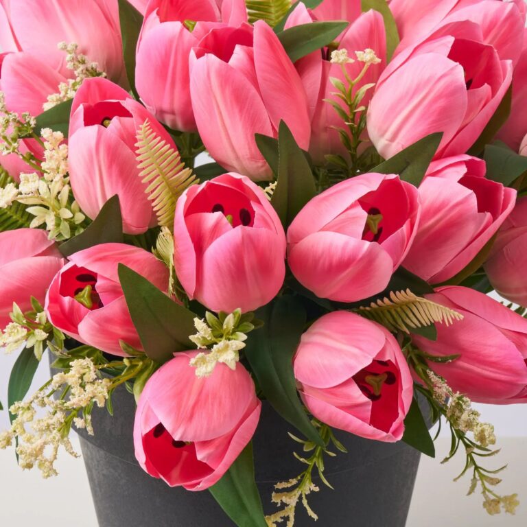 Close-up of bloom cluster detail on this Faux Pink Tulip Outdoor Urn Spring Summer Arrangement
