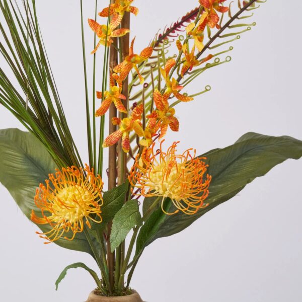 Close-up of bloom cluster detail on this Aloha Sunrise - Orange Orchid and Pincushion Protea