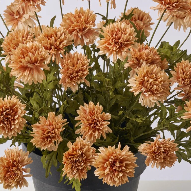Close-up of bloom cluster detail on this Lifelike Beige Fawn Pompom Mum Urn Filler Arrangement