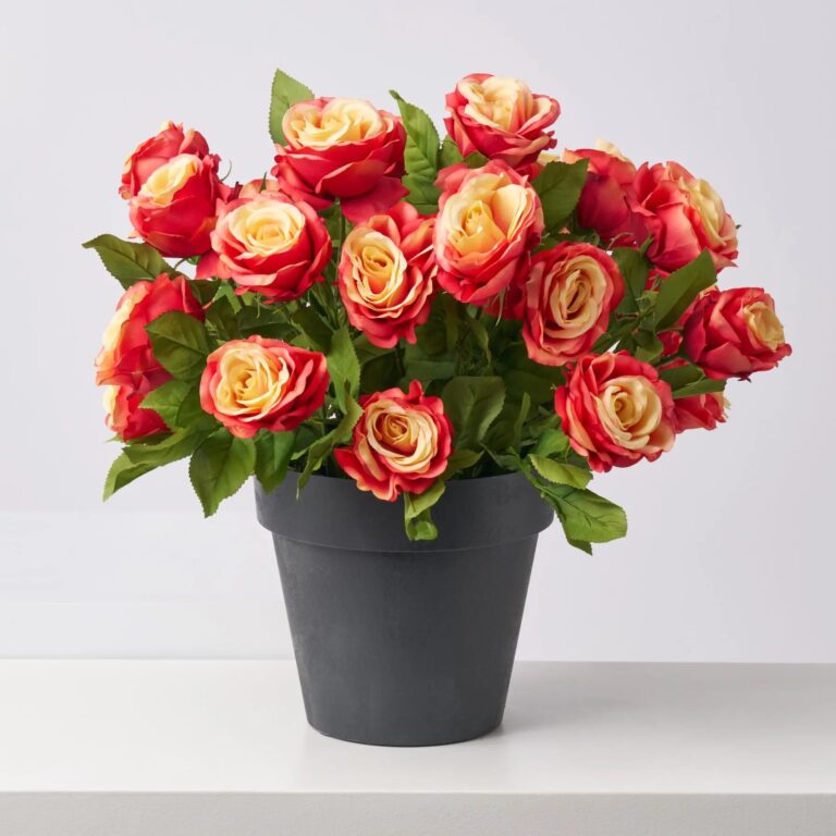 Flame Rose Bush Spring Fall Outdoor Faux Urn Filler Arrangement - Flame Red