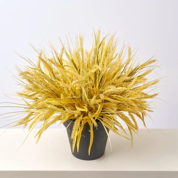 Close-up of bloom cluster detail on this Faux Triticum Wheat Bush Outdoor Potted Bush Arrangement