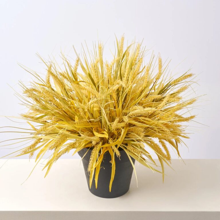 Close-up of bloom cluster detail on this Faux Triticum Wheat Bush Outdoor Potted Bush Arrangement