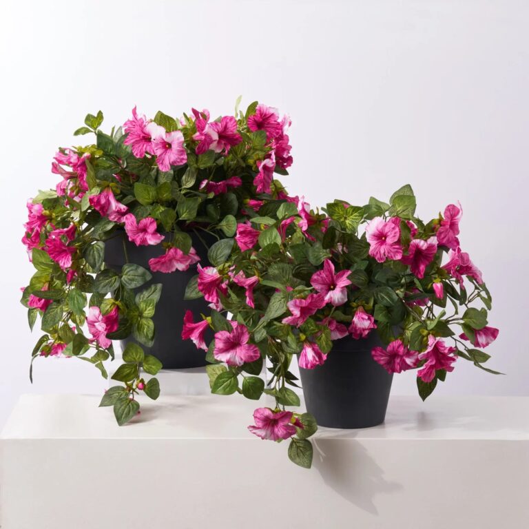 Blooming Magenta Petunia Cascade Faux Floral Plant Outdoor Urn Filler Arrangement - Available in 2