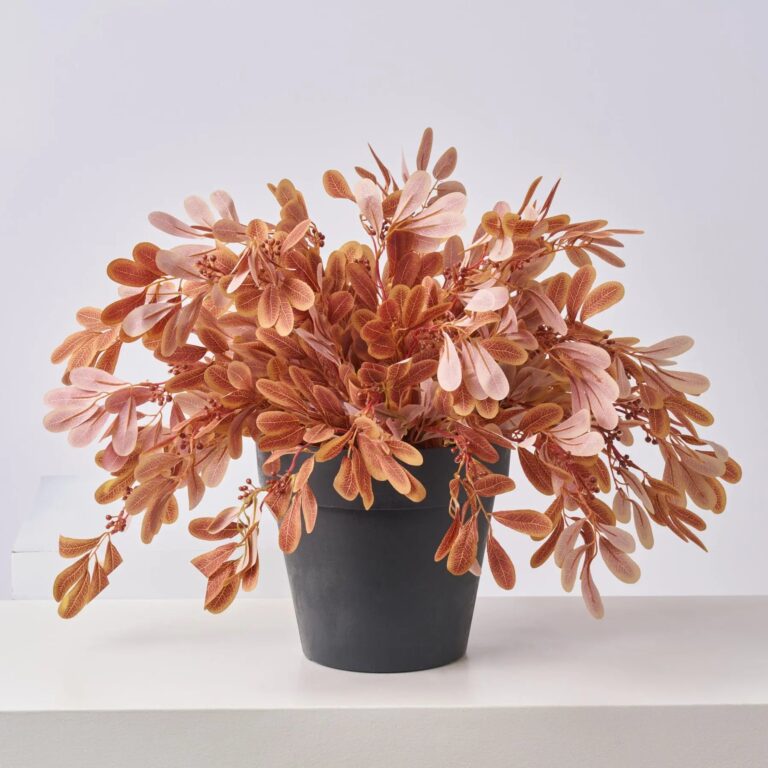 Close-up of bloom cluster detail on this Autumn Terracotta Privet Bush Faux Front Porch Arrangement