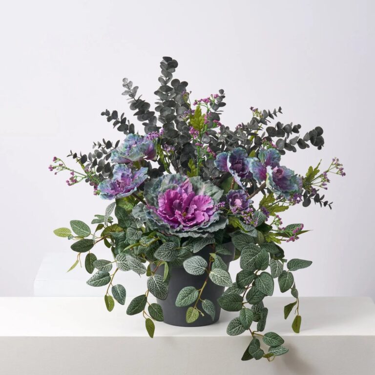 Lifelike Purple Cabbage Kale Bloom, Midnight Eucalyptus and Fittonia Potted Plant Arrangement