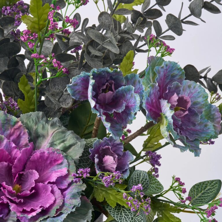 Close-up of leaf foliage texture on this Lifelike Purple Cabbage Kale Bloom, Potted Plant Arrangement