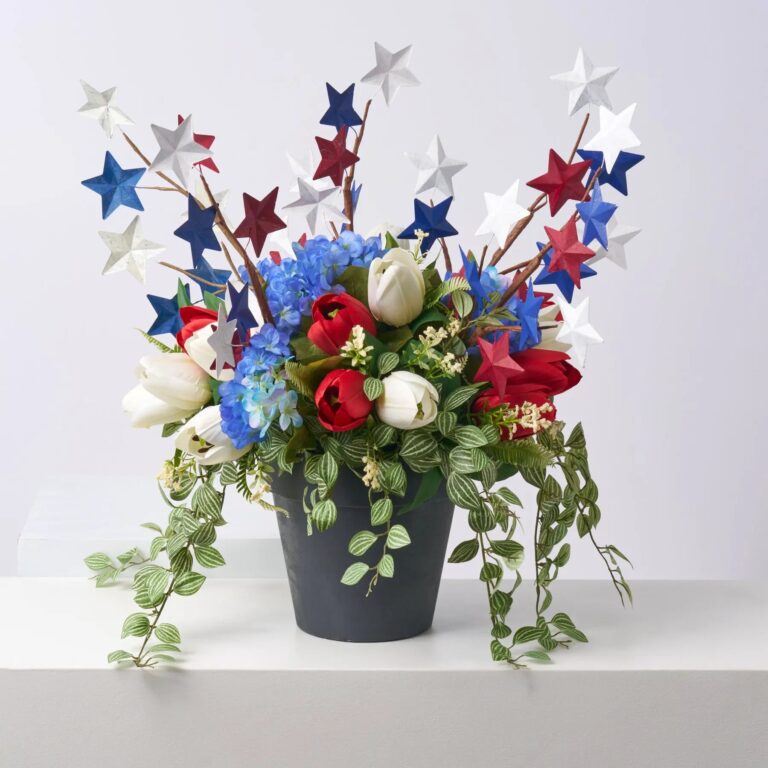 Red, White and Bloom - Blue Hydrangea, Red Urn Filler Arrangement