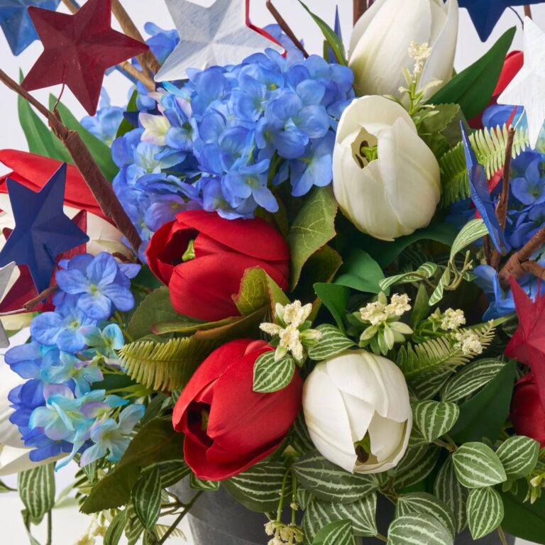 Close-up of bloom cluster detail on this Red, White and Bloom Urn Filler Arrangement