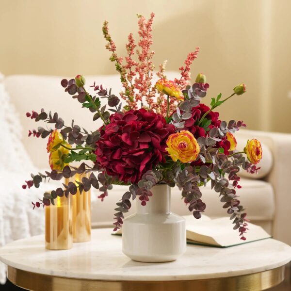 Fall Sangria - Real Touch Beauty Burgundy Hydrangea, Yellow Taper Neck Vase - Burgundy
