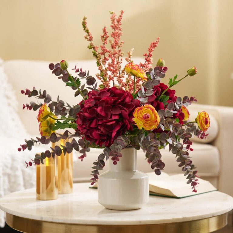 Fall Sangria - Real Touch Beauty Burgundy Hydrangea, Yellow Taper Neck Vase - Burgundy