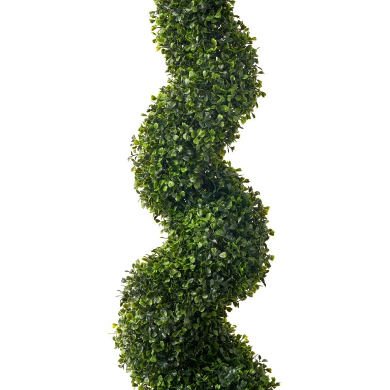 Close-up of leaf foliage texture on this Faux Boxwood All Seasons Spiral Spiral Topiary Bush