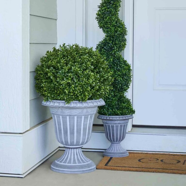 Realistic Boxwood Ball Topiary Bush Shrub Potted Faux Plant Outdoor Urn Filler Weighted Black Pot