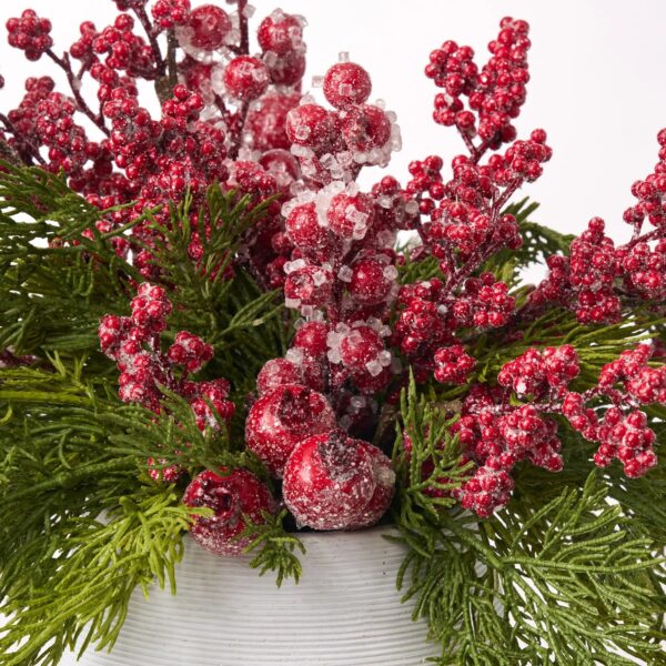Close-up of bloom cluster detail on this Lifelike Cedar Greenery and Iced Holiday Faux Arrangement