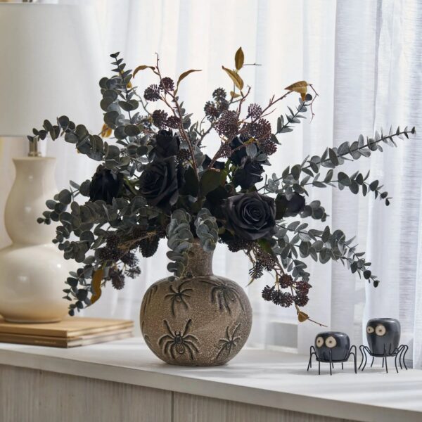The Widow's Roses - Midnight Eucalyptus, Black Magic Rose Halloween Centerpiece Arrangement