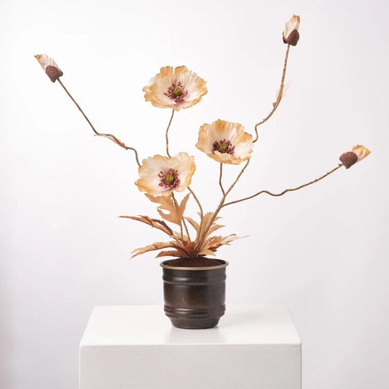 Fall Beige Tan Poppy Blooms and Buds in Bronze Small Fall Arrangement - Beige